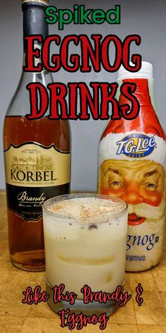 an eggnog drink and two bottles of liquor on a table with the words, spied eggnog drinks