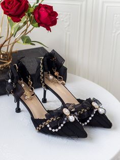 Nymph Bow at Top Artificial Pearls Decorated 7CM Black Stilettos Fairy Heels, Princess Heels, Kasut Tumit Tinggi, Hak Tinggi, Heel Sandals Outfit, Fairy Shoes, Fancy Heels, Heels Aesthetic, Dr Shoes