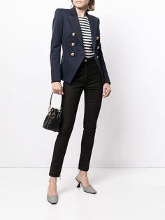 Shop Balmain double-breasted blazer jacket with Express Delivery - FARFETCH Double Blazer, Balmain Blazer, Lapel Blazer, Blazer Blue, Breasted Blazer, Double Breasted Blazer, Blue Wool, Work Outfits, Suits For Women