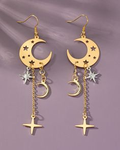 Moon and star charms earrings. Size: 4.0" Celestial Style Dangle Earrings With Star Charm, Celestial Dangle Earrings With Star Charm, Celestial Moon Shaped Earrings With Star Charm, Celestial Moon Earrings With Star Charm, Celestial Moon-shaped Earrings With Star Charm, Celestial Star-shaped Hoop Earrings With Moon Charm, Celestial Crescent Earrings With Star Charm, Metal Moon Charm Earrings In Celestial Style, Celestial Metal Earrings With Moon Charm