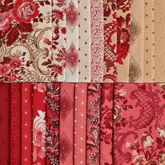 many different types of fabrics are shown together in this image, including red and white