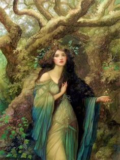 a painting of a woman with long hair in a forest, holding a bird on her hand