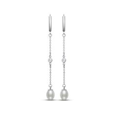 Make an elegant statement in these gorgeous earrings, featuring a freshwater cultured pearl drop suspended from a sterling silver chain. A bezel-set white lab-created sapphire adds a touch of sparkle. The earrings secure with lever backs. Sapphire Drop Earrings, White Lab, Sterling Silver Drop Earrings, Handmade Ideas, Silver Prices, Pearl Types, Sapphire Stone, White Earrings, Pearl Size