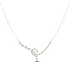 This sophisticated necklace for her showcases a swirl of sparkling round diamonds wrapping around a shimmering strand of pear-shaped diamonds. Styled in 14K yellow gold, the necklace has a total diamond weight of 1 carat. The 18-inch cable chain secures with a lobster clasp. Swirl Necklace, Y2k Jewelry, Necklace For Her, Necklace Clasps, Kay Jewelers, Pear Shaped Diamond, Diamond Stone, 1 Carat, Stone Settings