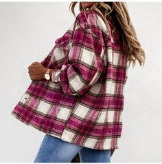 The perfect plaid shacket for you! Plaid long sleeve button down shacket with cuffed sleeves and snap buttons. Fabric: 100% polyester Women's Sizes S-3XL. Shacket has oversized fit. Available in four different color schemes. Good things take time. Quicker shipping: this shacket ships directly from out overseas warehouse to you. Once shipped, it will arrive in your mailbox in approximately 7-12 business days. Long Shirt Women, Things Take Time, Plaid Shacket, Straight Clothes, Good Things Take Time, Polyester Jacket, Long Sleeve Plaid Shirt, Turndown Collar, Vintage Plaid