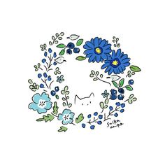 a drawing of a cat surrounded by blue flowers and greenery on a white background