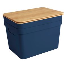 a large blue box with a wooden lid