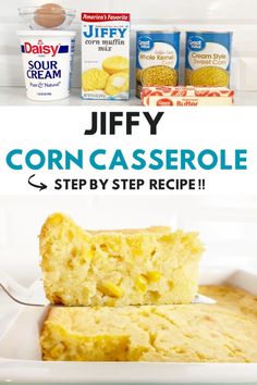 corn casserole recipe on a white plate with text overlay that reads, jeffy corn casserole step by step recipe