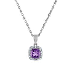 Cushion Amethyst and White Sapphire Fashion 18" Ring in Rhodium Plated Sterling SilverShow off your fashion sense with our modern collection of fashion jewelry. Purple Prong Setting Formal Necklaces, Formal Sterling Silver Necklace With Center Stone, Classic Amethyst Jewelry With Prong Setting, Classic Jewelry With Prong Setting Amethyst, Classic Amethyst Birthstone Jewelry, Elegant Purple Jewelry With Center Stone, Elegant Purple Jewelry With Diamond Accents, Purple Necklace With Prong Setting For Anniversary, Fine Jewelry Amethyst With Center Stone