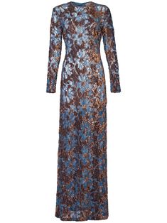 blue/brown lace panelling concealed rear zip fastening sequin embellishment crew neck long sleeves A-line skirt straight hem floor-length Resort 2024, Blue Sequin Dress, Perpetual Motion, Embellished Maxi Dress, Sequin Maxi, Panel Dress, Gowns With Sleeves, Lace Maxi, Lace Gown