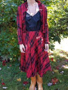 "I am in love with this dress.  I have a serious crush...sigh.  A vintage dress & jacket set by Coco Petites California, size 10.  It does not fit like a current size 10, it's smaller.  Please see measurements.  It is 44\" in length, 15\" across the bust (with lots of stretch, which is nice in a vintage dress), 13\" across the elastic waistband (again with lots of stretch).  The jacket is 17\" long, roughly 18\" across the chest and 16\" from underarm to wrist ruffle.  Oh, the ruffles.  Dress this up or down, it's that cool.  Perfect for a family function and to hangout with friends after.  Your grandma will love this one and so will your girlfriends.  It's that good.  It is in great preloved condition with so much life left in it.  The only thing I noticed is there is a tiny belt loop (ma Vintage Dress For Fall Costume Party, Fall Vintage Dress For Costume Party, Fitted Vintage Dress For Fall Costume Party, Vintage Long Sleeve Dress For Fall Costume Party, Fall Long Sleeve Vintage Dress For Costume Party, Fall Vintage Dress With Ruffles For Daywear, Fall Vintage Dress With Ruffles For Daytime, Vintage Long Sleeve Dress For Costume Party, Retro Vintage Dress With Ruffles For Fall