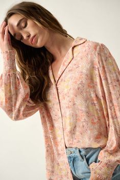 Delicate Dawn Floral Crepe Smocked-Cuff Top - ShopPromesa Lavender Blouse, Crepe Blouse, Stylish Logo, Usain Bolt, Cuffed Top, Floral Button Up, Fitted Blouses, Color Powder, Shell Buttons