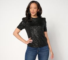 Snazzy sequins bring brilliant bling (and upbeat energy) to this puff sleeve top -- a fab find for adding some dazzle to your daytime look or elevating your evening attire. From nicole by Nicole Miller. Puff Sleeve Top, Nicole Miller, Evening Attire, Puff Sleeve, Sequin, Sleeve Top, Womens Tops, Bring It On, Tops & Tees