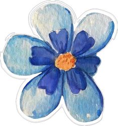 a drawing of a blue flower with white petals and orange stamen on the center