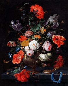 a painting of flowers in a vase on a table