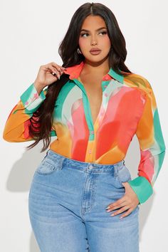 Available In Multi Color. Long Sleeve Shirt Button Down Collar Abstract Printed Non Stretch Shell: 100% Polyester Imported | Sweet TreaT-Shirt size XS by Fashion Nova Multicolor V-neck Shirt With Button Closure, Multicolor Long Sleeve Tops With Button Closure, Chic Multicolor Tops With Buttons, Chic Multicolor Buttoned Tops, Chic Multicolor Shirt With Button Closure, Fitted Graphic Print Button-up Top, Trendy Printed Button-up Top, Trendy Button-up Printed Top, Trendy Multicolor Button-up Tops