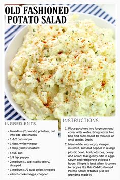 an old fashioned potato salad recipe in a bowl with instructions on how to make it