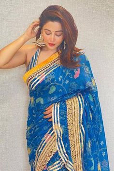 Shop for Gopi Vaid Blue Chiffon Printed Ruffle Saree Set for Women Online at Aza Fashions Saree Chiffon, Gopi Vaid, Ruffle Saree, Blouse Cotton, Blue Saree, Printed Sarees, Chiffon Blouse, Cotton Blouses, Embroidered Blouse