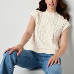 Layer this cable-knit Ryegrass women's sweater over a long-sleeve t-shirt with high-rise jeans for a trendy look. It has a crew neckline, cap short sleeves, and ribbed trim.Closure Type: Pullover HeadFit: Regular FitNeckline: Collar NeckSleeve Length: SleevelessApparel Length: 18.5 InchesFiber Content: 86% Acrylic, 10% Nylon, 4% Other 5% Or LessFabric Description: Cable KnitCare: Machine WashCountry of Origin: Imported Large Sweaters, Sweater White, Knit Pullover, Knitted Pullover Sweaters, High Rise Jeans, White Sweaters, Knitted Pullover, Pullover Sweater, Crew Neckline