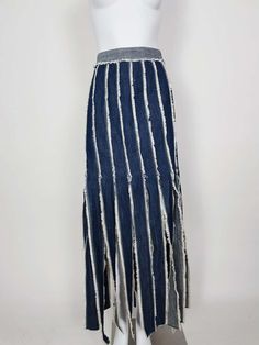 For Sale on 1stDibs - Blue denim skirt with fringe trim by Jean Paul Gaultier, wear yours with the matching shirt. -Frayed fringe details along seams and hems -Metal zipper Blue Cotton Bottoms With Fringe, Bohemian Cotton Denim Skirt With Frayed Hem, Bohemian Cotton Skirt With Frayed Hem, Fitted Cotton Bottoms With Fringe, Spring Blue Fringe Skirt, 90s Gaultier, Denim Fashion Outfits, Denim Upcycle, Skirt With Fringe