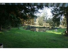 a grassy field with trees and a pond in the background