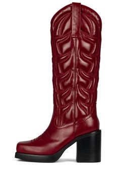 Knee-high square-toe cowboy boot Fits half a size big. Order half size down. Measurements taken from a size 7 3.5" heel, 0.5" platform 15" shaft, 13" leg opening Leather Upper, Synthetic / Leather Lining, Synthetic Sole Jeffery Campbell Boots, Alt Shoes, Red Cowgirl Boots, Square Toe Cowboy Boots, Boot Fits, Red Cowboy Boots, Red Platform, Denim Boots, Chunky Shoes