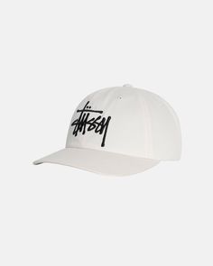 Low profile six panel twill cap. Stüssy basic stock logo embroidered at the front and back. - Snapback closure - Unstructured crown - Precurved brim - Stüssy basic stock logo - One size - Unisex - Main material: 100% cotton - Imported Classic Dad Hat With Logo And Curved Bill, Classic Baseball Cap With Logo Print And Curved Brim, Classic Six-panel Hat With Logo, Classic Logo Print Hat For Streetwear, Classic Hats With Logo Print For Streetwear, Classic Hats With Logo Print And Curved Bill, Classic Dad Hat With Embroidered Logo And Flat Bill, Classic Curved Bill Hat With Logo Print, Classic Hats With Curved Bill And Logo Print