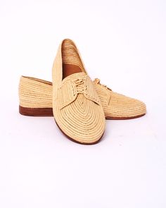 Step into sustainable style with our Handcrafted Marrakech Raffia Shoes, a perfect blend of traditional Moroccan craftsmanship and modern eco-conscious fashion. Each pair is meticulously woven by skilled artisans in the heart of Marrakech, ensuring you receive a product not just made, but thoughtfully crafted. 🌿 Eco-Friendly Material: Made from high-quality, natural raffia fiber, these shoes are not only biodegradable but also a testament to environmentally responsible fashion. The raffia fiber Summer Low-top Moccasins With Rubber Sole, Summer Lace-up Shoes With Rubber Sole, Casual Summer Oxfords With Flat Heel, Casual Flat Heel Oxfords For Summer, Beige Low-top Summer Loafers, Summer Closed Toe Lace-up Shoes With Leather Sole, Summer Lace-up Shoes With Leather Sole, Summer Lace-up Shoes With Textured Sole, Low-top Summer Oxfords With Rubber Sole