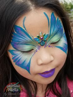 Blue Butterfly face painting by Denise Cold of Painted Party Face Painting www.PaintedParty.com Painting Ideas Blue, Kids Face Painting Ideas, Butterfly Face Painting, Kids Face Painting, Butterfly Face Paint, Face Painting Ideas, Butterfly Makeup