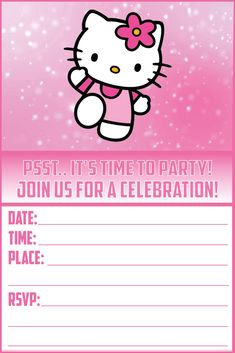 a pink hello kitty birthday party card with the words, it's time to party join us for a celebration