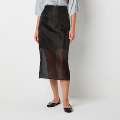 For an edgy chic look, pair this semi-sheer paneled Worthington women's midi skirt with a blouse and heels or graphic t-shirt and ankle boots. Made from lightweight gauze, it has a partial lining with a concealed back zip closure and a back slit for easy movement.Front Style: Flat FrontClosure Type: Zipper, Hook & EyeClosure Location: BackRise: At WaistApparel Length: 32 InchesFiber Content: 100% PolyesterFabric Description: OrganzaLining: LinedLining Material: PolyesterSkirt Length: Midi Length Petite Skirts, Flared Skirts, Edgy Chic, Petite Skirt, Women Skirts Midi, Skirt Black, Flare Skirt, A Line Skirt, A Line Skirts