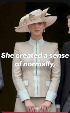 a woman in a dress and hat standing next to a man wearing a suit with the words she created a sense of normality