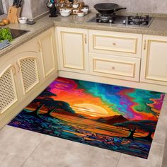 a kitchen area rug with an image of trees and sunset in the sky on it