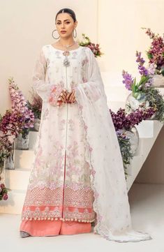 Off White Embroidered Long Pakistani Salwar Kameez With Dupatta Organza Shirt, Pakistani Salwar, Chiffon Sleeves, Organza Sleeves, Readymade Saree, Pakistani Salwar Kameez, Chiffon Collection, Embroidered Chiffon, Embroidered Organza