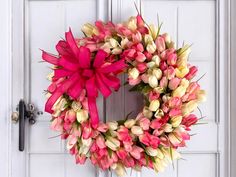 Welcome spring with this handcrafted tulip wreath, bursting with a blend of vivid and soft pink hues, accented by delicate cream petals. The fuchsia bow adds a striking contrast, making it a standout addition to your door. Made with high-quality faux tulips, this wreath measures 20 inches in diameter, perfect for both indoor and outdoor display. Hang this Pink and Cream Tulip Wreath on your front door to greet guests with a burst of springtime delight. Alternatively, it can find a cozy spot indoors, becoming a captivating focal point above a mantel or on a wall. This wreath's flexible design ensures it can bring joy year-round and it also matches our candle holder centerpieces. Inspired by the first blush of spring, this wreath represents renewal and joy. It's perfect for Easter, Mother's Faux Tulips, Tulip Wreath, Candleholder Centerpieces, Cozy Spot, Outdoor Display, Spring Tulips, Welcome Spring, Flexible Design, Door Wreath Hanger