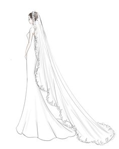 a drawing of a woman in a wedding dress with a veil on her head and the bride's gown draped over her shoulder