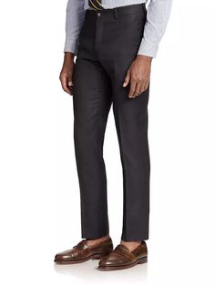 Crafted of premium Italian wool, these slim-fit trousers from Ralph Lauren are timeless style defined. With flat front, built-in belt loops, and generous side and back pocketing, they're equal parts refined and versatile-perfect for work or weekend. Subtle button welt pockets and zip fly detailing complete the tailored look. Tapered Leg Bottoms With Concealed Placket For Business Casual, Tailored Semi-formal Bottoms In Suiting Fabric, Wool Slim Fit Bottoms For Tailoring, Slim Fit Wool Bottoms For Tailoring, Tailored Business Bottoms In Suiting Fabric, Wool Dress Pants For Business Casual With Tapered Leg, Tailored Dress Pants With Hidden Button For Work, Tailored Bottoms In Suiting Fabric For Business, Semi-formal Pants With Welt Pockets