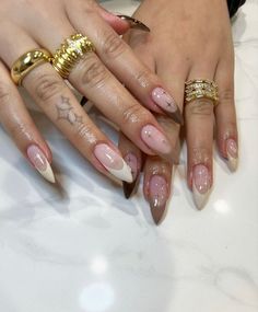 Frenchie Almond Nails, Neutral Baddie Nails, Nails 2023 Trends French Tip, Bling Almond Nails Rhinestones, Cool Almond Nails Designs, Angel Number Nails, Satin Mini Skirt Outfit, Almond Nails Nail Art, Signature Nails