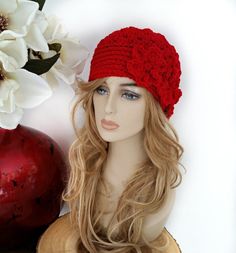 Red Crochet Hat With Adjustable Short Brim, Red One Size Crochet Beanie Hat, Red Bohemian Crochet Hat For Winter, Red Winter Cloche Hat Cap, Red Hat As A Gift, One Size Fits All, Red Hat As A Gift, Red Brimmed Crochet Hat Made Of Yarn, Adjustable Brimmed Red Crochet Hat, Red Knitted Brimmed Hat