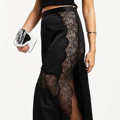 Fancy High Rise Skirt With Lace Insert Glamorous Black Skirt For Date Night, Spring Lace Trim Skirt For Night Out, Black Bottoms With Lace Trim For Night Out, Chic Lace Skirt, Chic Party Skirt With Lace Trim, Black Lace Trim Bottoms For Party, Black Lace Trim Bottoms For Evening, Chic Black Lace Bottoms, Evening Black Bottoms With Lace Trim