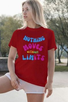 ❅❆ For Personalized Design or any custom request Please send us a message❅❆ ❅❆If you wanted the design to be printed in a different place or at the back Please send us a message❅❆ ✴Embrace the power of perseverance with our "Nothing Moves Without Limits" T-Shirt. This tee is perfect for those who understand the importance of pushing boundaries and striving for excellence. With its motivational message, it's an ideal addition to any wardrobe for those who love both style and substance. ✴Crafted f Red Crew Neck T-shirt With Letter Print, Graphic Tee With Letter Print And Short Sleeves, Letter Print Graphic Tee With Short Sleeves, Funny Crew Neck Shirt With Graphic Print, Funny Graphic Print Crew Neck Shirt, Funny Graphic Print Ring-spun Cotton Tops, Funny Red Crew Neck Top, Crew Neck T-shirt With Screen Print In Ring-spun Cotton, Red Short Sleeve T-shirt With Letter Print