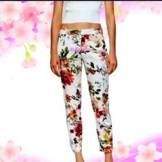 Zara Floral Print Chino Pants Trousers White Floral Print Ankle-length Bottoms, White Floral Print Ankle-length Pants, Casual White Floral Print Bottoms, Trendy White Floral Print Pants, White Floral Print Pants, White Floral Print Straight Pants, White Floral Print Summer Pants, White Floral Print Pants For Summer, White Floral Print Trousers