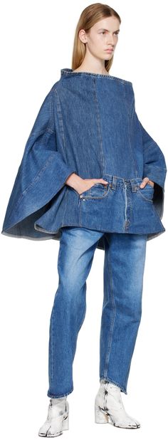 Non-stretch denim poncho-style jacket. · Panelled construction · Tunnel neck · Mock fly · Kangaroo pocket and patch pockets · Unlined Supplier color: Blue Denim Poncho, Poncho Style, Luxury Streetwear, Denim Fashion, Kangaroo Pocket, Stretch Denim, Kangaroo, Designer Fashion, Denim Jacket