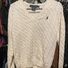 Sweater Never Worn, It’s Too Big For Me! It’s Clean With No Stains/Tears/Odors White Sweater For Women, Casual Long Sleeve Cable Knit Polo Sweater, White Cable Knit Long Sleeve Polo Sweater, Classic Long Sleeve Cable Knit Polo Sweater, White V-neck Polo Sweater Casual, Classic White Long Sleeve Sweater, Casual White V-neck Long Sleeve Sweater, Casual Cream Polo Sweater For Winter, Casual Cable Knit Polo Sweater