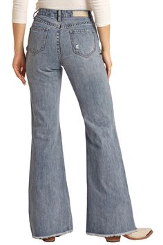 These Rock & Roll Cowgirl Women's High Rise Palazzo Flare Leg Jeans are perfect for a timeless, yet stylish look. The light wash color, distressed front and non-stretch fabric create a modern silhouette while the 28.5" leg opening adds a fashionable flair. Crafted from 100% cotton, the jeans are machine washable for easy maintenance. Color: Light Wash Rise: High Rise Leg: Flare Leg Opening: 28.50" Detail: Distressed Front Material(s): 100% Cotton Fabric: Non-stretch Care Instructions: Machine wa Flair Pants, Western Store, Western Look, Flare Leg Jeans, Cotton Set, Rock Roll, Wide Leg Jeans, Color Light, Flare Jeans