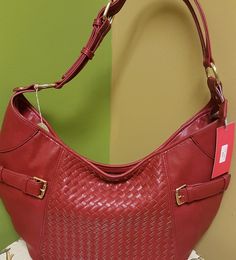 Ladies Red Handbag With Gold Hardware Red Handheld Bag With Gold-tone Hardware, Red Handheld Bags With Gold-tone Hardware, Elegant Red Handheld Hobo Bag, Red Handheld Shoulder Bag With Removable Pouch, Red Handheld Hobo Bag, Red Handheld Hobo Bag For Travel, Handheld Red Hobo Bag, Red Bag With Braided Handles For Errands, Red Shoulder Bag With Braided Handles For Errands