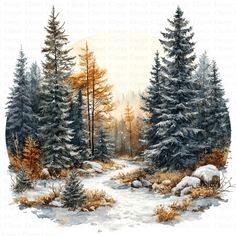 a painting of trees and snow in the woods