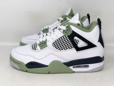 Jordan 4’s Womens, Green Shoes Jordans, Different Nike Shoes, White And Green Jordan 4’s, Jordans 4 Women, Limited Edition Jordans, Jordan 4s Seafoam Green, Sage Green Jordan 4’s, Cute Shoes Sneakers Nike