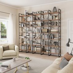 a living room filled with furniture and bookshelves next to a white couch in front of a window