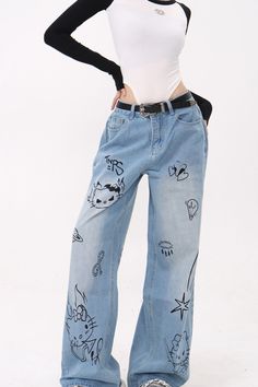 grunge jeans, blue jeans with cat print, blue grunge aesthetic cat jeans, grunge cat jeans, outfut Blue Wide Leg Jeans With Graphic Print, Trendy Graphic Print Denim Blue Bottoms, Denim Blue Straight Leg Bottoms With Graphic Print, Straight Leg Denim Blue Bottoms With Graphic Print, Blue Straight Leg Bottoms With Graphic Print, Trendy Blue Bottoms With Graphic Print, Trendy Blue Graphic Print Bottoms, Blue Graphic Print Straight Leg Bottoms, Y2k Blue Bottoms With Graphic Print